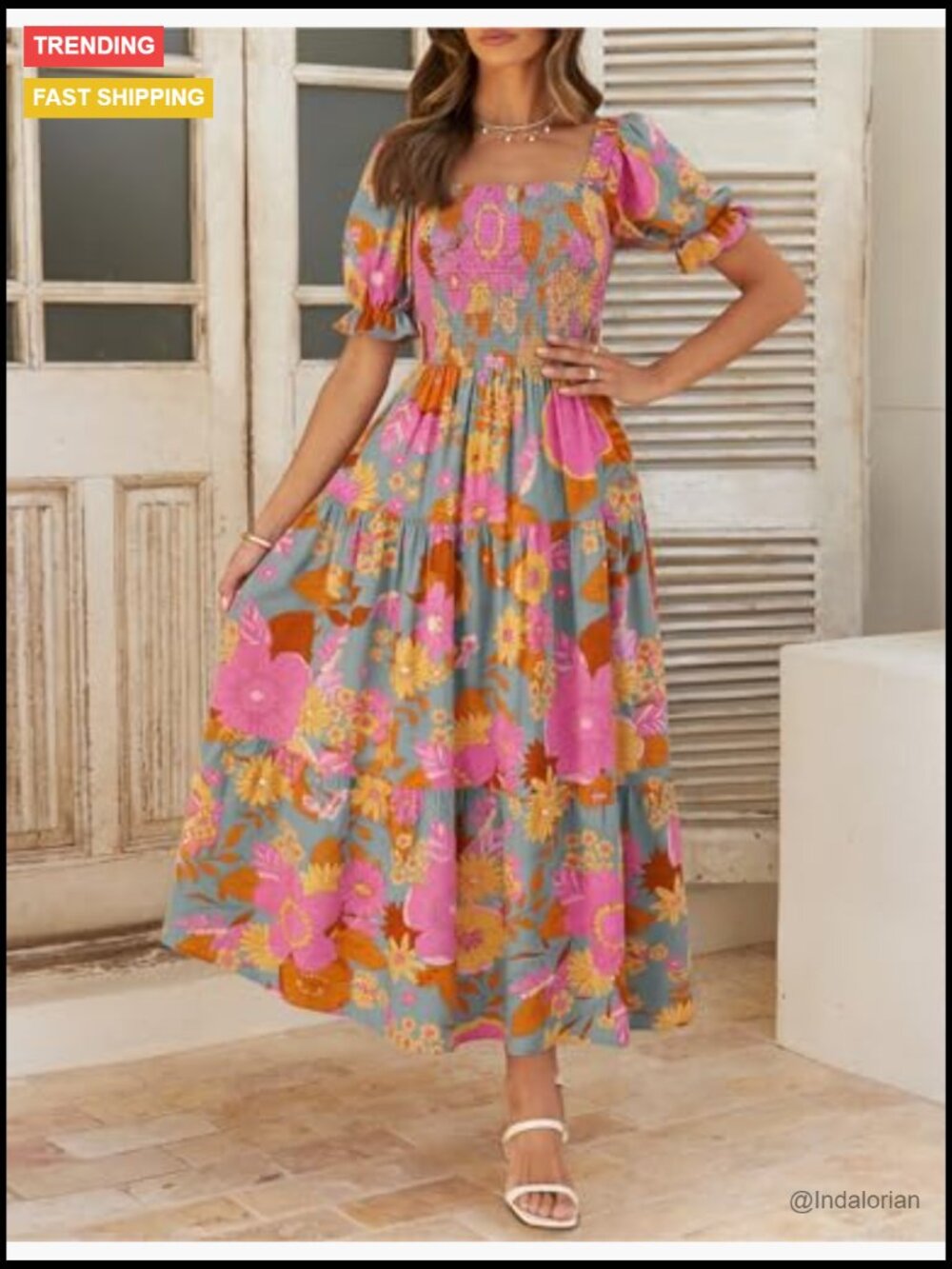 Boho Floral Print Square Neck Ruffle Swing Beach Maxi Dress - Picture 4 of 7